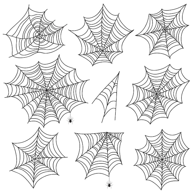 Telaraña de halloween. telaraña negra y siluetas de araña. gráficos vectoriales de miedo web aislados sobre fondo blanco