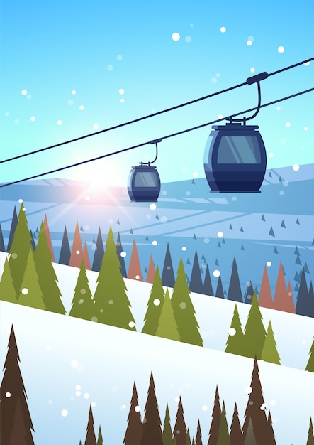 teleférico de la estación de esquí en montañas nevadas concepto de vacaciones de invierno hermoso paisaje de fondo ilustración vectorial vertical