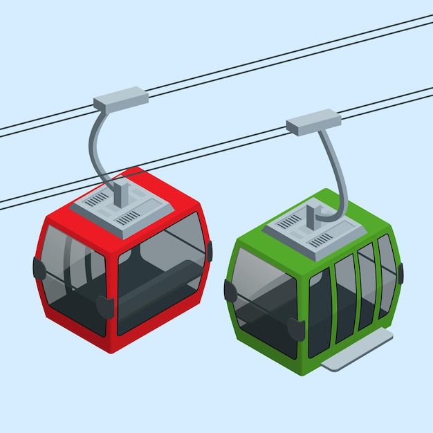 Vector teleférico en las montañas. vector elemento infográfico isométrico o icono que representa el viaje en teleférico desde la estación inferior hasta la plataforma de observación en la montaña.