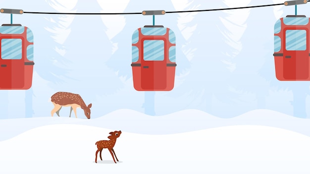 Teleférico con remolques en el bosque de invierno. carro funicular. el bosque está con ciervos y nieve. estilo de dibujos animados. ilustración vectorial.