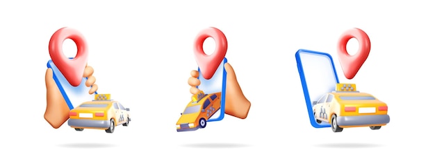 Teléfono con un alfiler de mapa rojo y un taxi amarillo