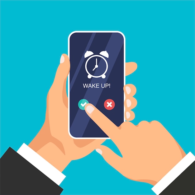 Teléfono con aplicación de reloj despertador en la pantalla. La mano sostiene el teléfono inteligente aislado sobre fondo azul.
