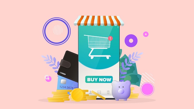 Teléfono con aplicación de tienda online. botón de compra. cesta de la compra, nuevo pedido. concepto de pago y compras en línea. vector.