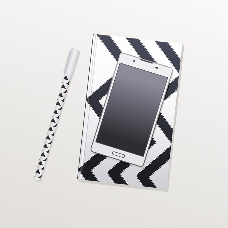Vector teléfono blanco en una libreta con un bolígrafo. material de oficina.
