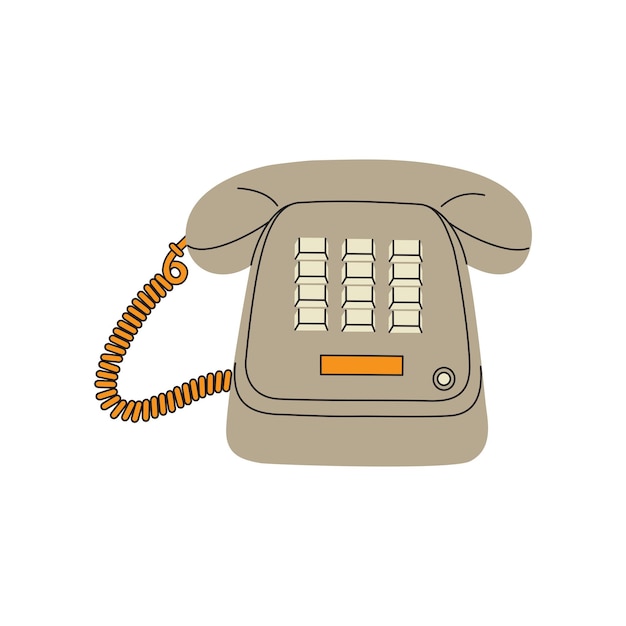 Teléfono con cable retro con botones. Dispositivo de comunicación clásico de los años 80. Ilustración vectorial dibujada a mano