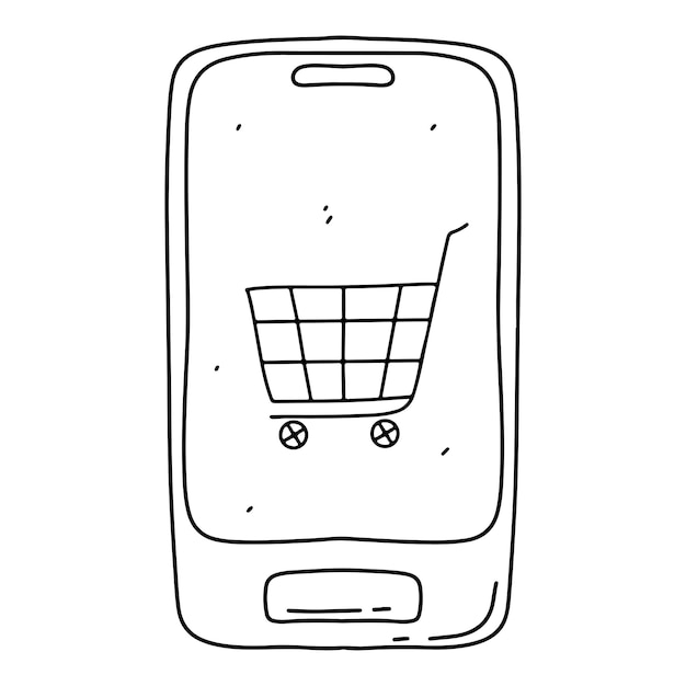 Teléfono con cesta en estilo garabato dibujado a mano Concepto de compras en línea Ilustración vectorial aislada
