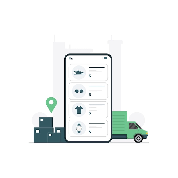 Teléfono con coche de entrega y caja Ilustración vectorial Diseño conceptual de compras en línea