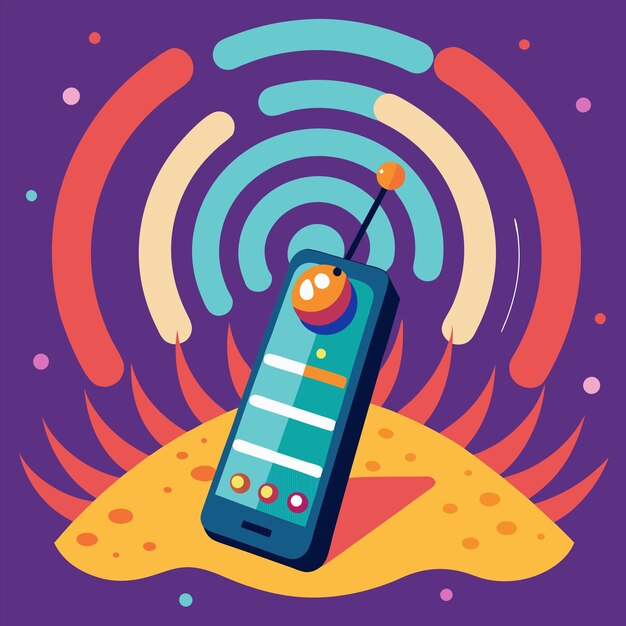 un teléfono colorido está en un fondo púrpura con un fondo pórpura con una espiral en el medio