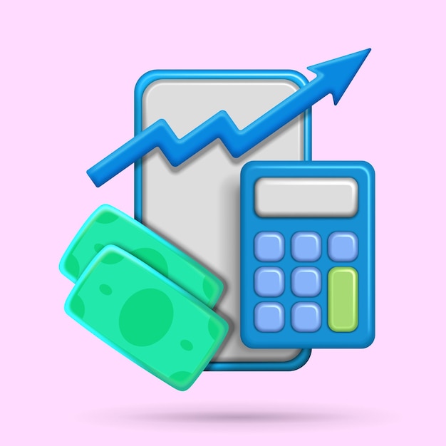 Teléfono comercial en línea con calculadora de flecha hacia arriba y dinero 3D Ilustración vectorial de análisis y análisis finanzas y estrategia comercial administración de dinero en la aplicación