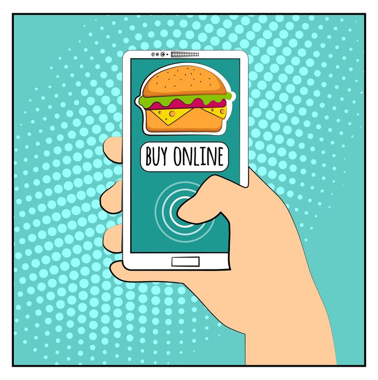 Vector teléfono cómico con sombras de medios tonos y hamburguesa. mano que sostiene el teléfono inteligente con comprar compras en línea por internet