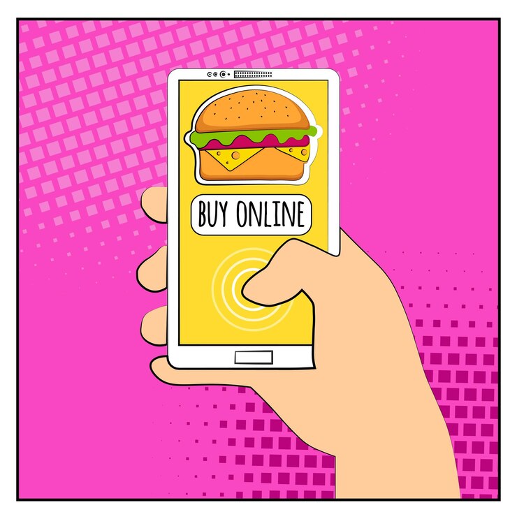 Vector teléfono cómico con sombras de semitonos y hamburguesa mano que sostiene el teléfono inteligente con comprar compras en línea por internet fondo de comida rápida estilo retro del arte pop diseño plano ilustración vectorial eps 10