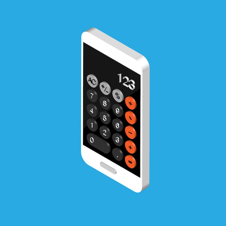Vector teléfono de diseño plano isométrico con aplicación de calculadora en pantalla. smartphone aislado sobre fondo azul.
