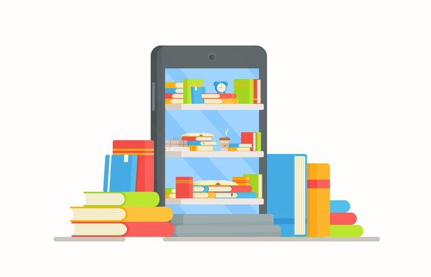Teléfono escolar con libros en línea. ilustración de libros de lectura.
