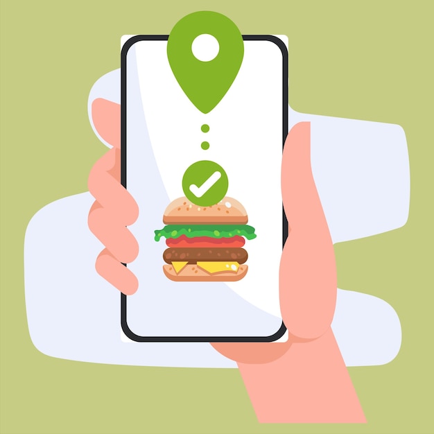 Vector un teléfono con una hamburguesa que tiene un círculo verde.