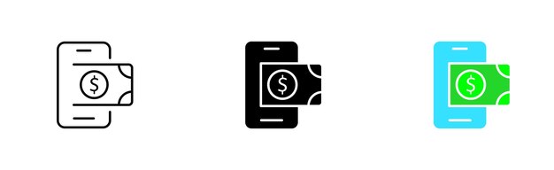 Teléfono con icono de conjunto de billetes de dólar Alfabetización financiera tarjeta bancaria billete de dólar efectivo transferencia bancaria transacción de transferencia de cajero automático Gestión financiera Icono de vector en línea estilo negro y colorido