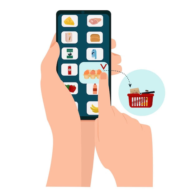 Un teléfono inteligente, una aplicación especial, una tienda de alimentos en línea, pedidos de productos en línea.