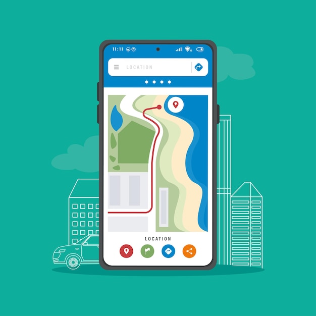 Vector teléfono inteligente con aplicación gps