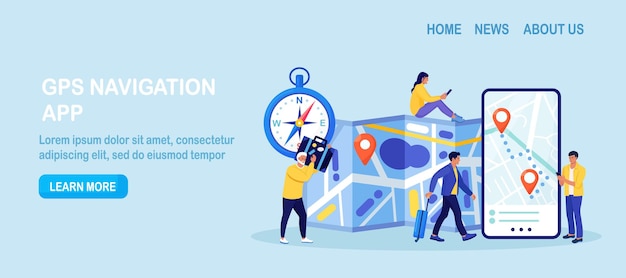 Teléfono inteligente con la aplicación Navigator que muestra la ubicación del punto de geolocalización de la ruta en el mapa Navegación GPS Personas que planifican el recorrido Búsqueda de ruta Elección del destino del viaje Brújula Mapa electrónico con etiqueta geográfica