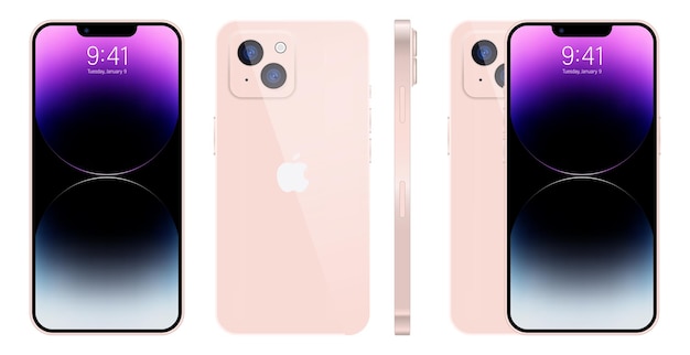 Vector teléfono inteligente apple iphone 14 disponible en color rosa nuevo iphone 14 pro max mockup screen iphone y back side iphone by apple inc editorial