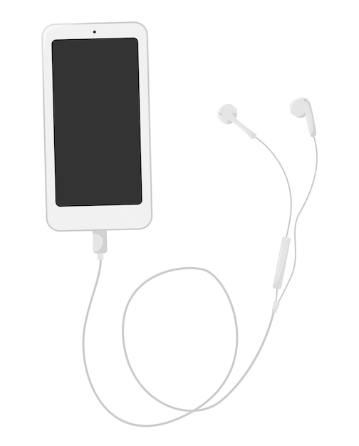 Un teléfono inteligente con auriculares con cable con una pantalla en blanco un dispositivo electrónico de teléfono con espacio vacío para texto vista superior ilustración vectorial plana aislada en fondo blanco