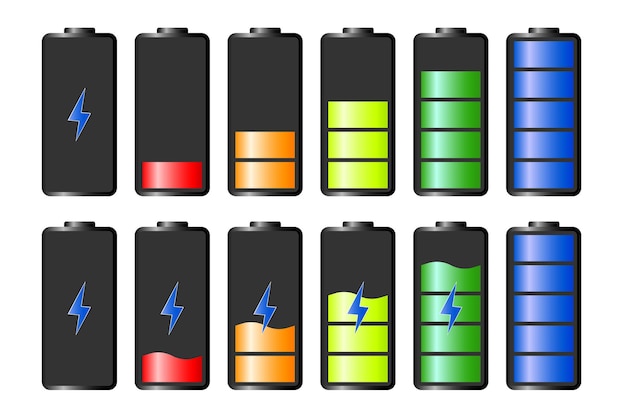 Vector teléfono inteligente con batería descargada y completamente cargada. iconos del indicador de carga de la batería. gráficos vectoriales.