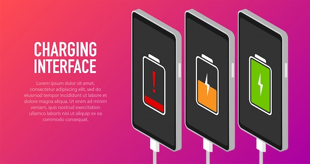 Vector teléfono inteligente con batería descargada y completamente cargada