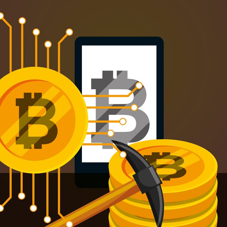 Vector teléfono inteligente bitcoin cripto moneda negocio de la minería