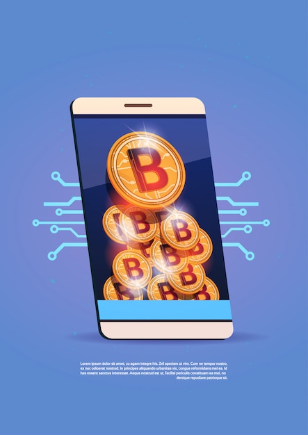 Vector teléfono inteligente celular con bitcoins pila digital web dinero crypto concepto de moneda