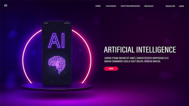 Un teléfono inteligente con cerebro y un logotipo de IA en el podio con un marco de neón en azul y púrpura Un concepto para la inteligencia artificial con un teléfono móvil