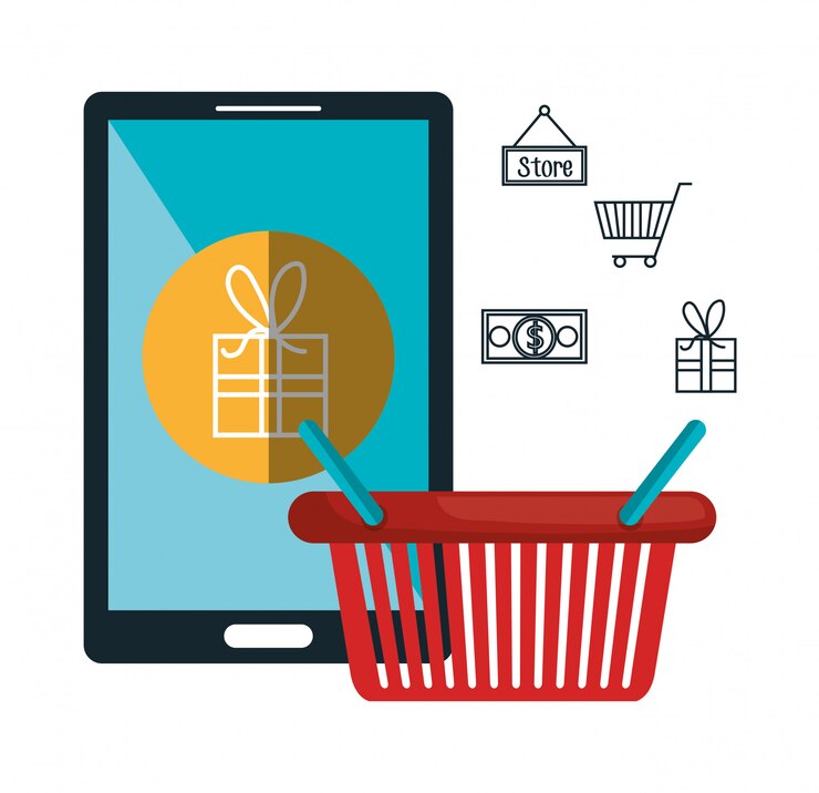Vector teléfono inteligente de compras de comercio electrónico aislado