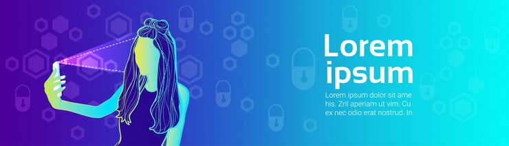 Vector teléfono inteligente concepto de seguridad escaneo móvil cara de mujer tecnología de identificación de usuario banner horizontal