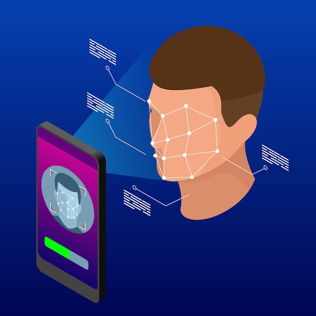 Teléfono inteligente de desbloqueo isométrico con identificación biométrica facial, identificación biométrica, concepto de sistema de reconocimiento facial. ilustración vectorial para negocios, infografía, banner.