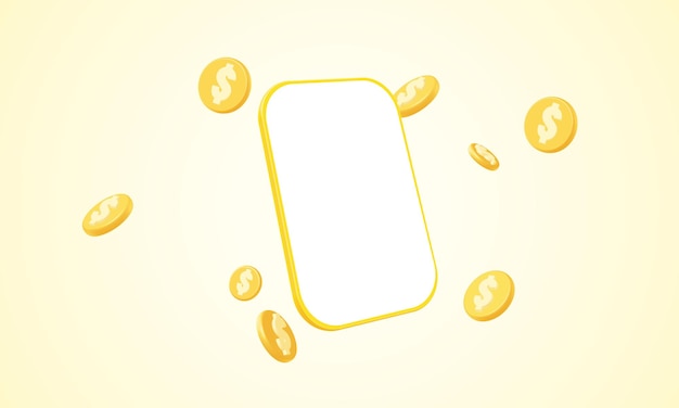 Teléfono inteligente de dibujos animados con moneda de dólar de oro volador en el aire Crypto de Stablecoin en el móvil