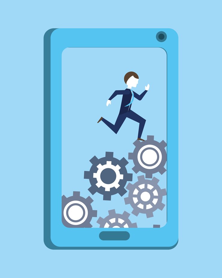 Vector teléfono inteligente con empresario en las ruedas de engranaje en la pantalla sobre fondo azul, diseño colorido. vector i