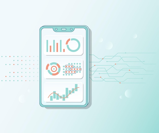 Un teléfono inteligente con gráficos de datos analíticos y cuadros en la pantalla Tecnologías móviles Alta tecnología