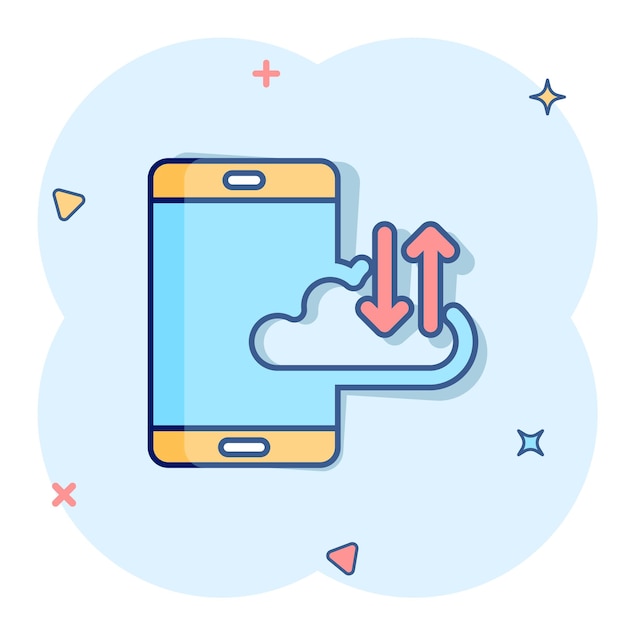 Teléfono inteligente con icono de nube en estilo cómic Ilustración de vector de dibujos animados de almacenamiento de red de teléfono sobre fondo blanco aislado Concepto de negocio de efecto de salpicadura de copia de seguridad en línea