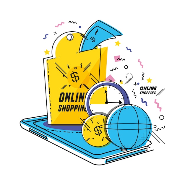 teléfono inteligente con iconos en línea de compras estilo pop art