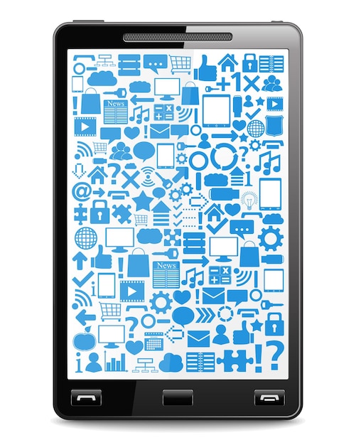 Teléfono inteligente con iconos en la pantalla, ilustración vectorial eps10