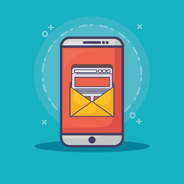 teléfono inteligente con iconos relacionados de marketing por correo electrónico