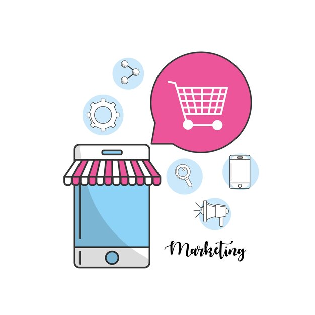 teléfono inteligente con información de iconos de marketing