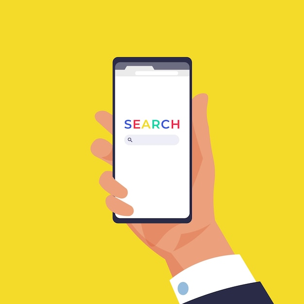 Vector teléfono inteligente de mano con búsqueda móvil en el campo del navegador del brazo para encontrar información en internet pantalla táctil del dispositivo electrónico buscando respuestas de palabras clave ilustración vectorial