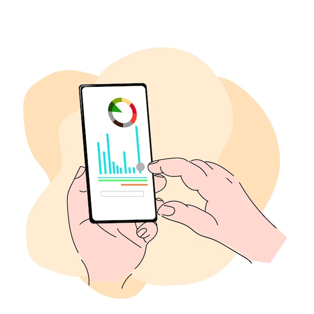 Un teléfono inteligente en la mano con un gráfico financiero en la pantalla Ilustración vectorial