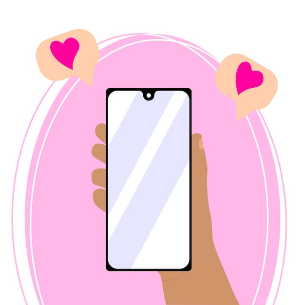 Teléfono inteligente en mano con mensaje de amor en el fondo rosa