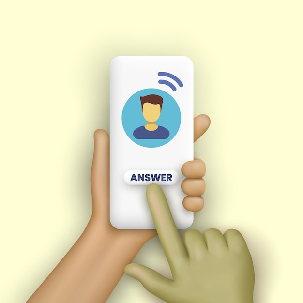 Teléfono inteligente en manos con botón de respuesta en estilo minimalista de dibujos animados en 3d Ilustración vectorial