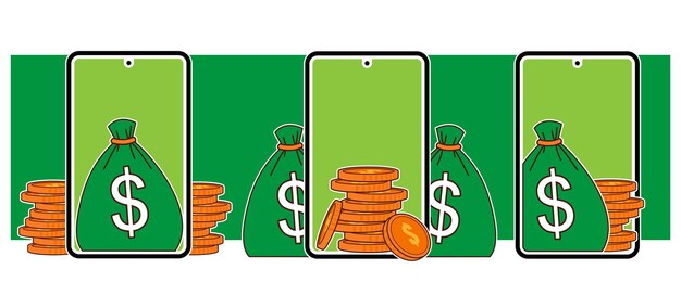 Teléfono inteligente con monedas y saco de dinero concepto de ganancias en línea