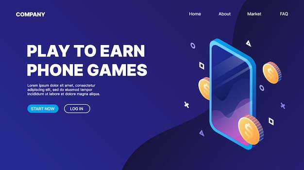 Teléfono inteligente con monedas voladoras P2E Crypto Games Landing Page Concept Jugar para ganar juegos de teléfono