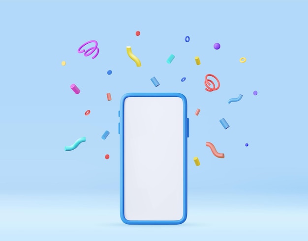 Teléfono inteligente móvil 3d con confeti de celebración