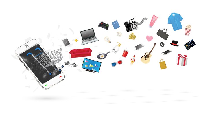 Vector teléfono inteligente con muchos objetos de compras flotando