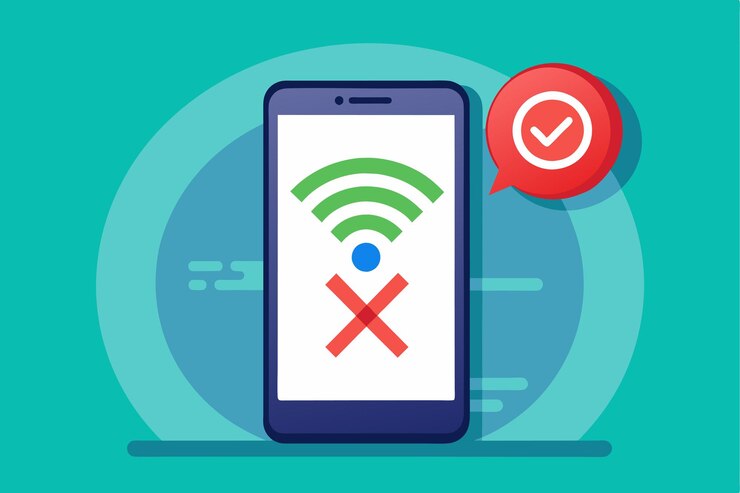 Vector un teléfono inteligente muestra un icono de señal wifi desconectada y una notificación que muestra la pérdida de conectividad a internet conexión inalámbrica perdida no hay señal wifi internet en la pantalla del teléfono inteligente