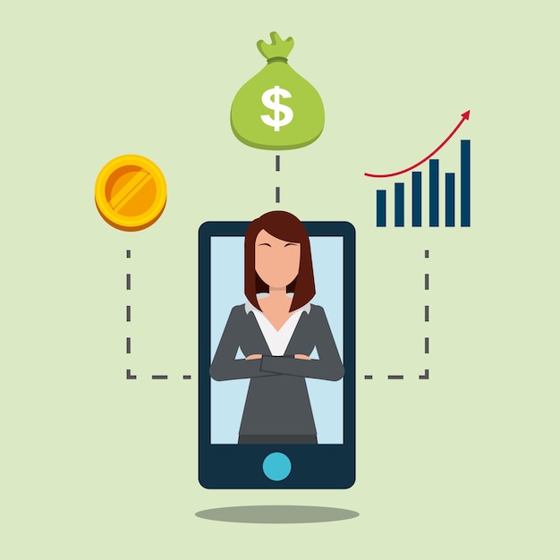 teléfono inteligente con mujer de negocios en banco financiero de pantalla